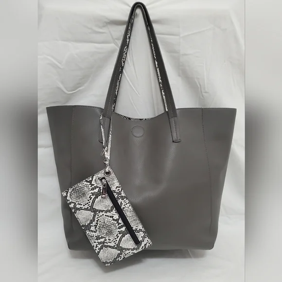 Vegan Leather & Faux Snake Skin Reversible Tote and Wristlet/Wallet - Picture 1 of 12